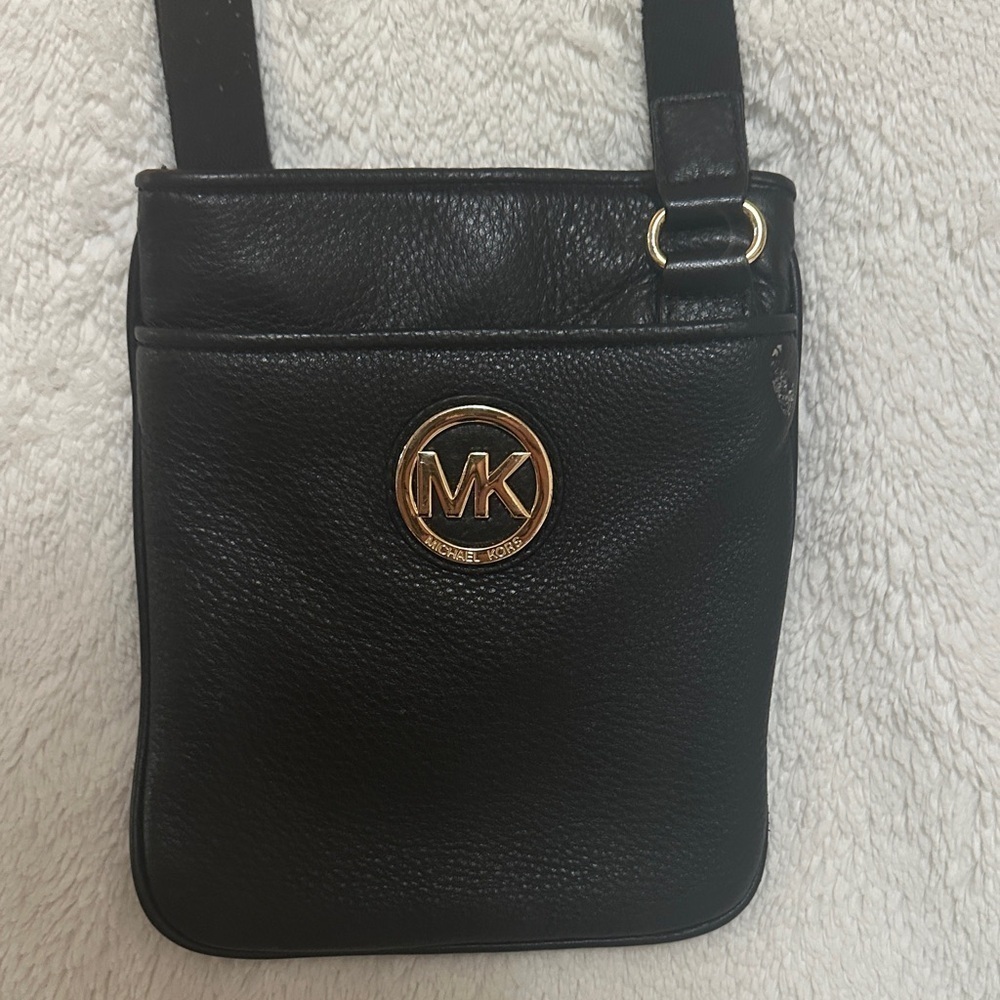 Michael Kors Black Leather Crossbody with Gold Logo